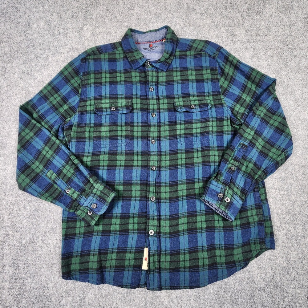 Woolrich Mens‎ XL Flannel Shirt Blue Green Plaid Long Sleeve Cotton Button Down